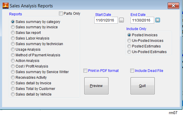 menu screen for sales and service reports